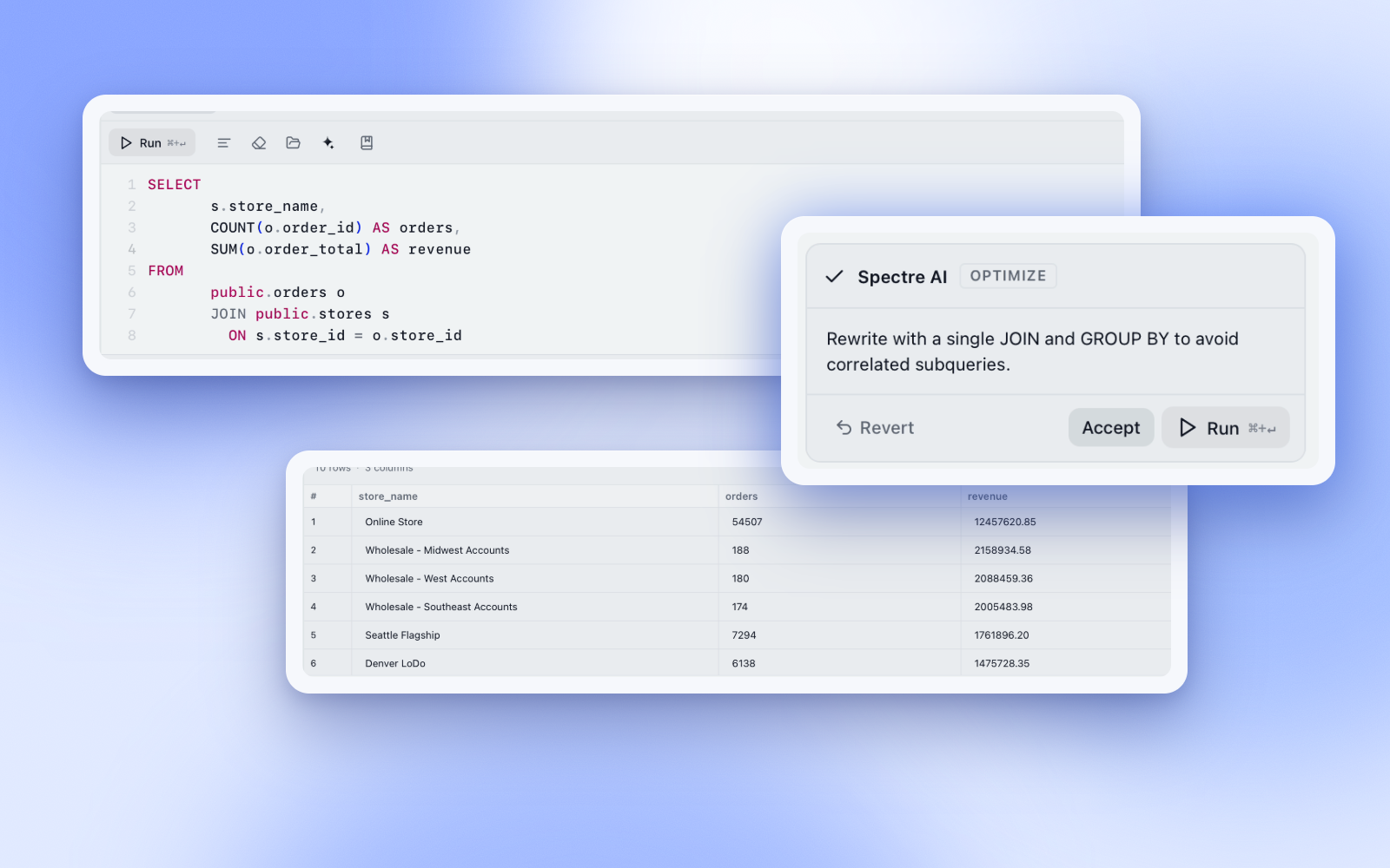 The SQL editor with an AI optimization proposed and the results table